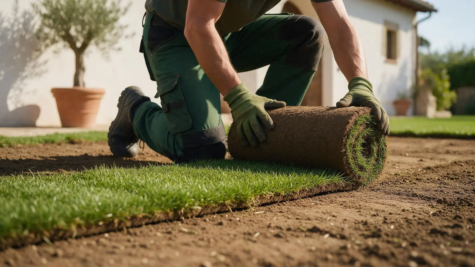 Operatore che stende un rotolo di prato su terreno preparato