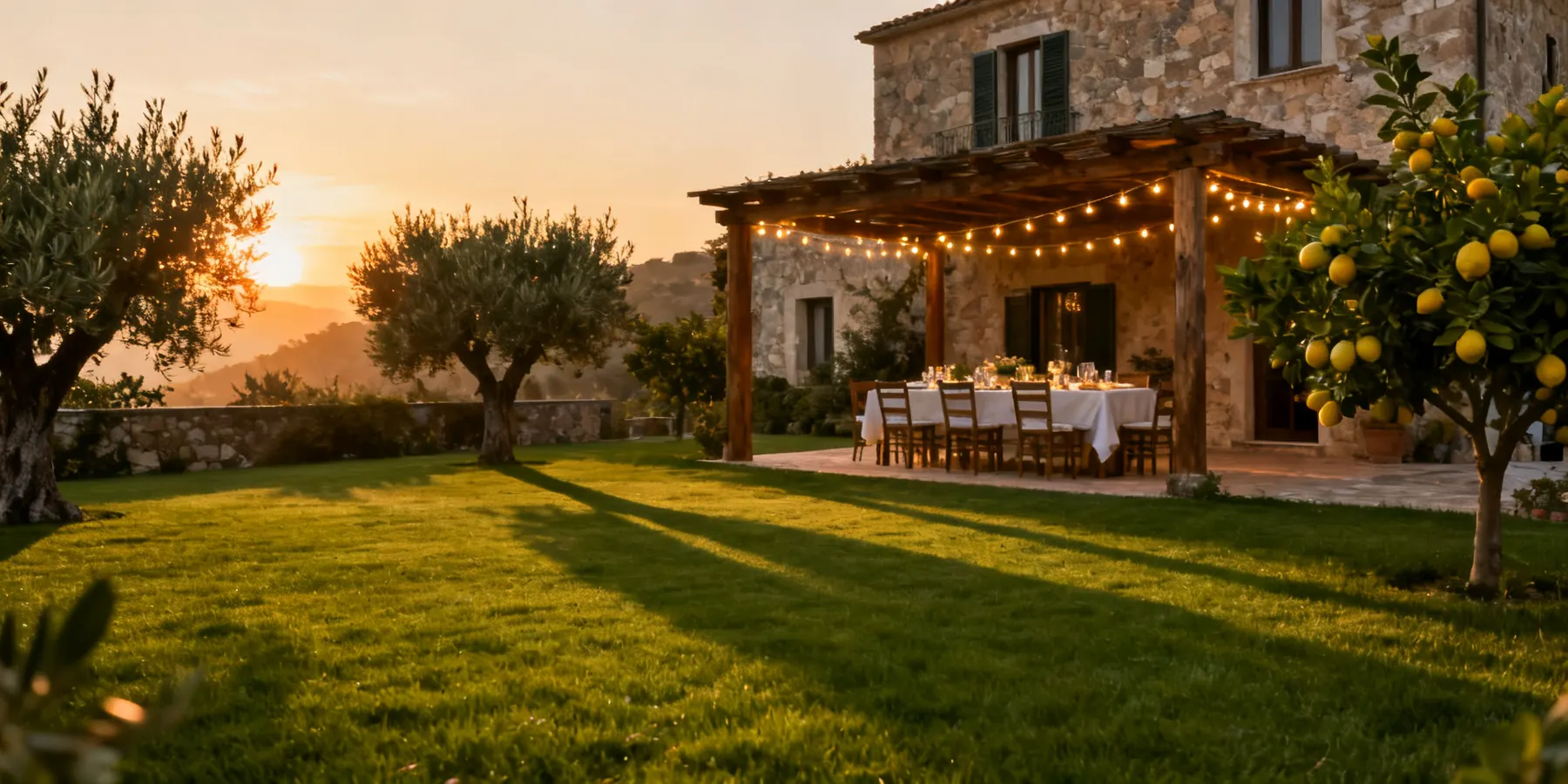 Giardino di una villa in Campania con un prato verde e fitto e una tavola apparecchiata per cena sotto una pergola