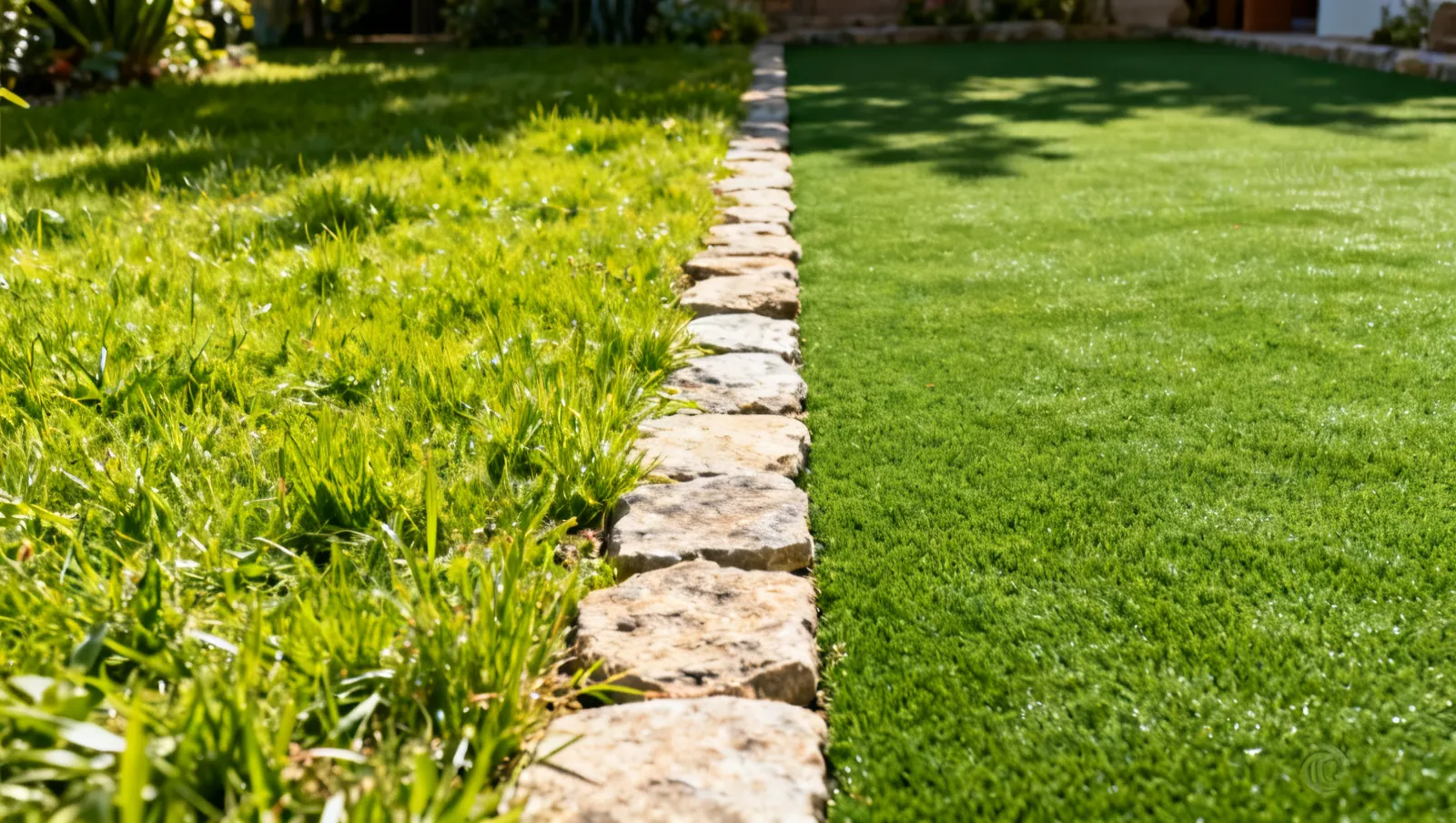 Giardino con prato naturale verde a sinistra e un'area di prato sintetico a destra, separati da un bordo in pietra