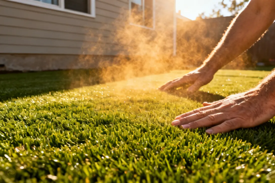 Prato sintetico sotto il sole di mezzogiorno