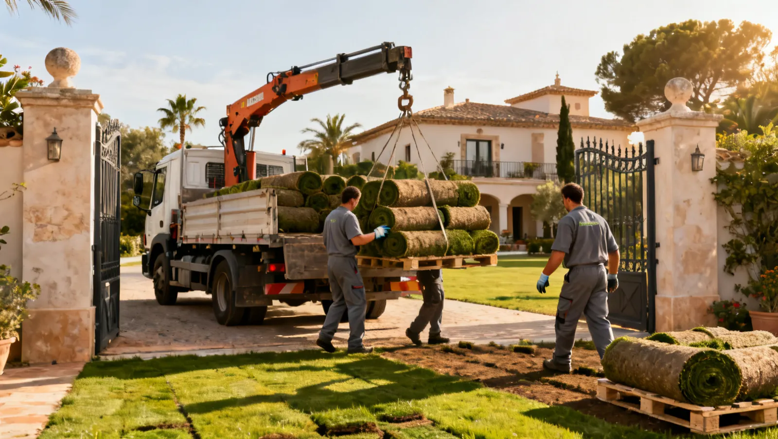 Operai che consegnano bancali di prato a rotoli con un camion con gru davanti a una villa