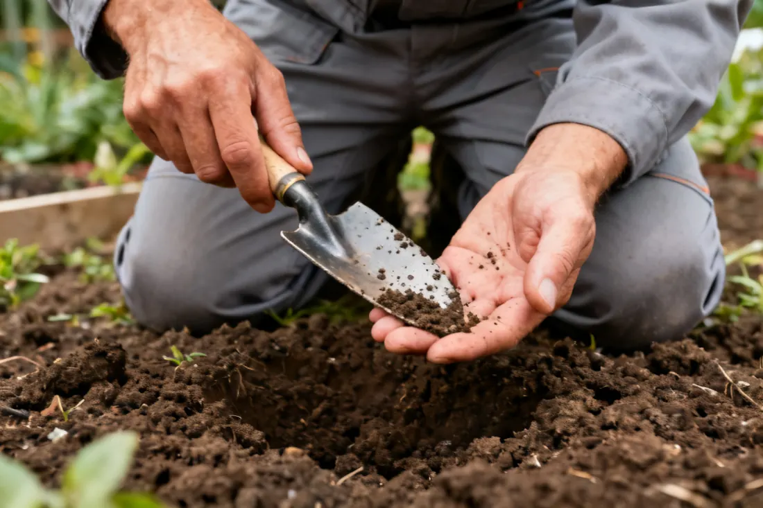 Operaio che verifica il fondo di un giardino