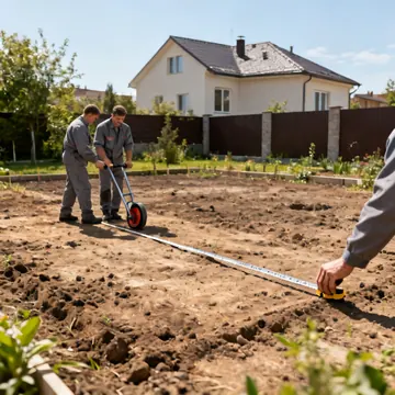 Operaio che misura un giardino con una rotella metrica