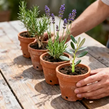 Piantine mediterranee in vaso su un tavolo