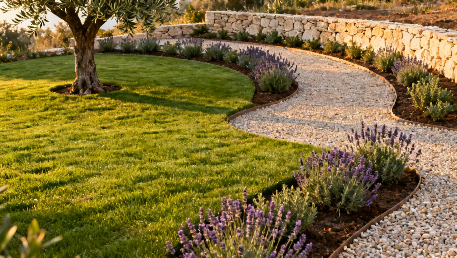 Giardino mediterraneo appena realizzato con prato verde, aiuole fiorite, vialetto in ghiaia e un ulivo, all'ora d'oro