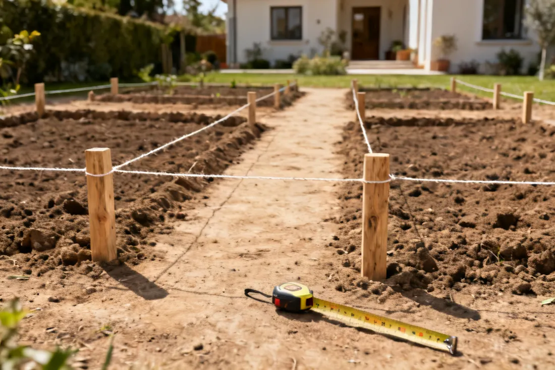 Due operai che segnano un giardino con picchetti e cordino