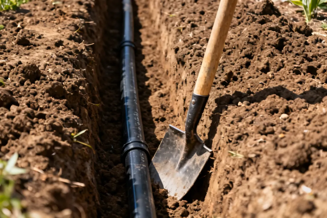 Operaio che posa un tubo di irrigazione nel terreno prima di piantare