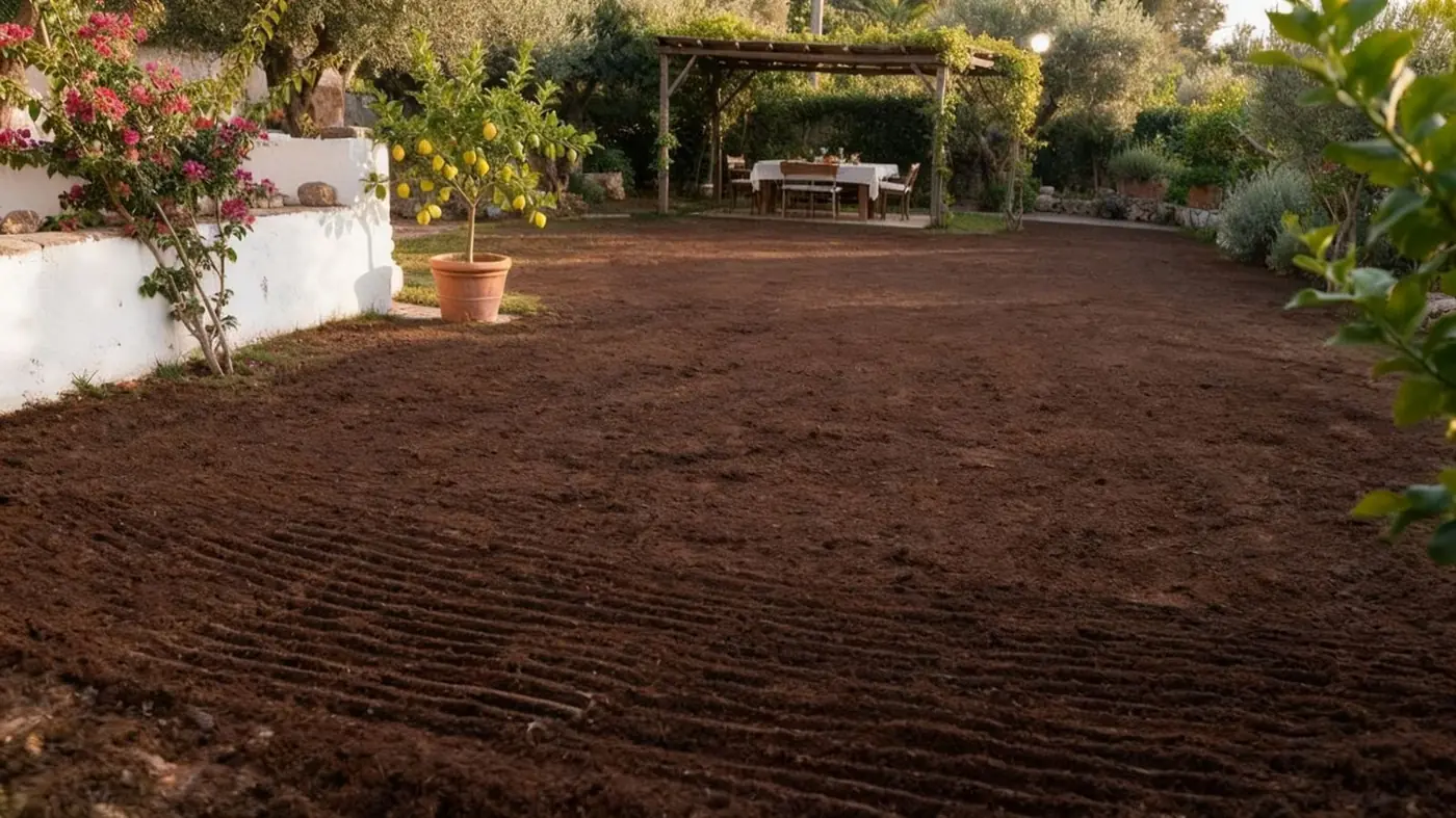 Giardino con terreno livellato e preparato
